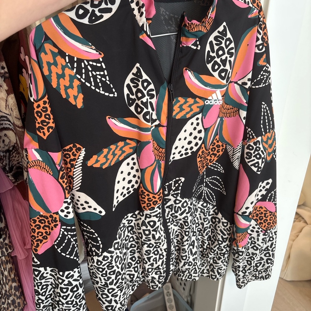 Adidas Women's Black and Pink Patterned Bomber Jacket